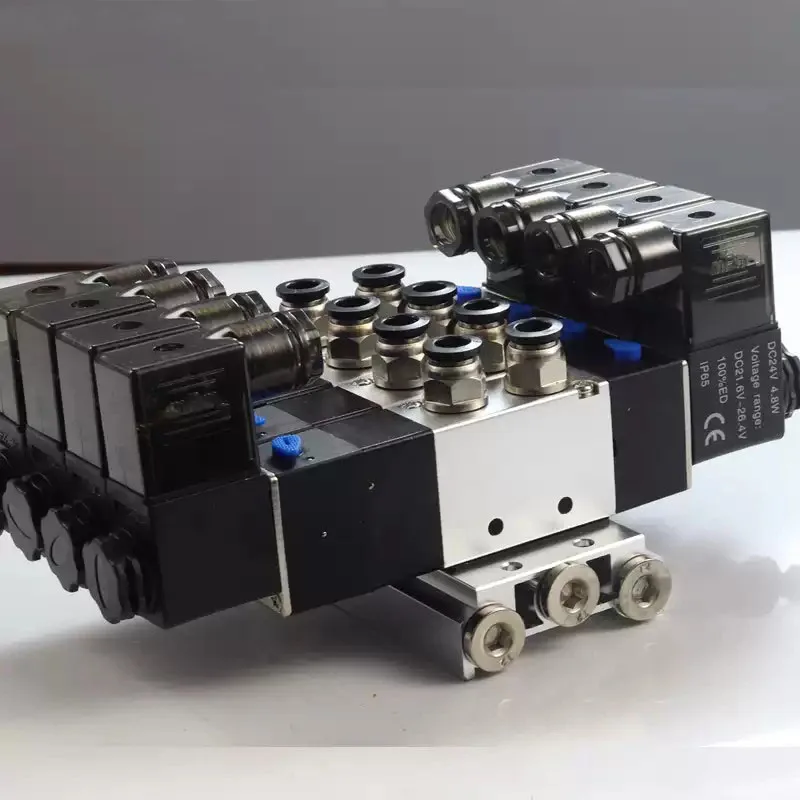 2 - 5 Row Pneumatic 5 Way Double Solenoid Valve Block 4V220-08 Plate with Fitting Manifold 12V DC 24V AC 110V 220V 5/2 24VDC