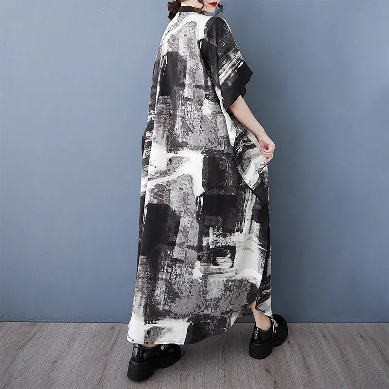 Großes Kleid für Frühjahr/Sommer 2022, neues Rundhals-Einreiher-Cardigan, mittellanges, locker sitzendes Damenkleid G099