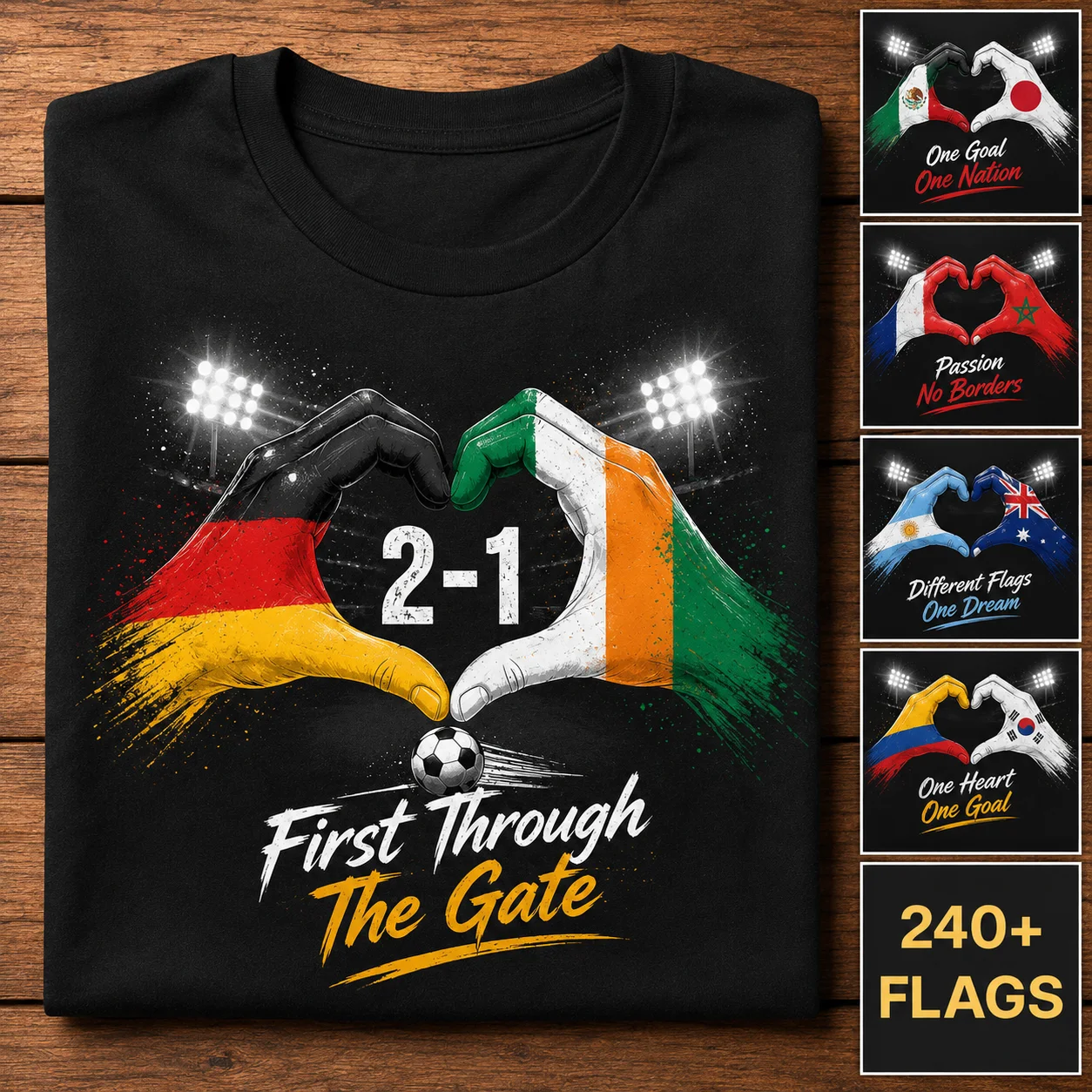 T-shirt Football Unity avec imprimé cœurs et mains des drapeaux de deux pays, t-shirt doux pour hommes et femmes, cadeau pour supporters et fans pour le jour du match au stade