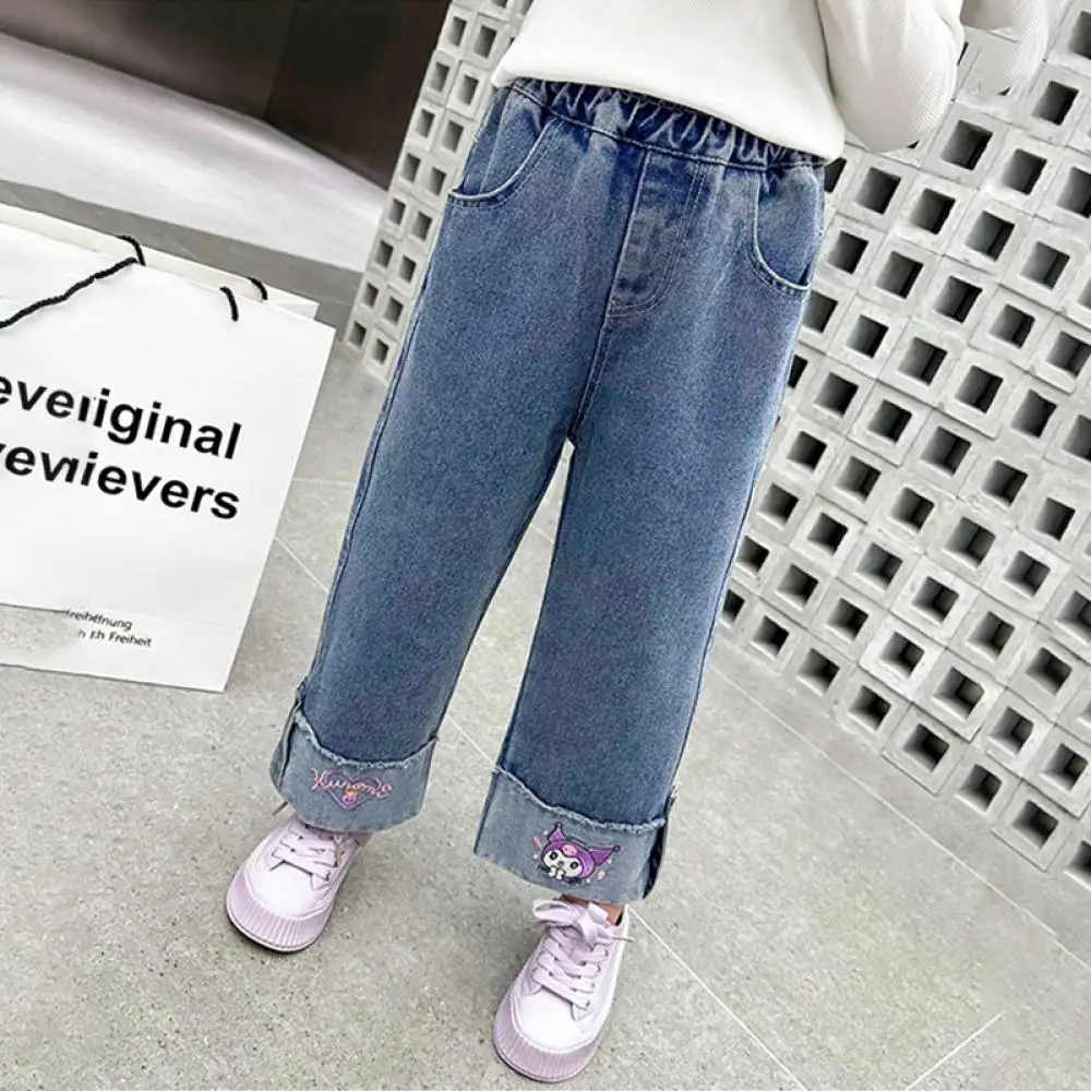 Anime Cartoon Sanrio Kuromi Girls Jeans Fashion Casual Pure Cotton Trousers Versatile Wide Leg Pants Spring Fall Children Pants