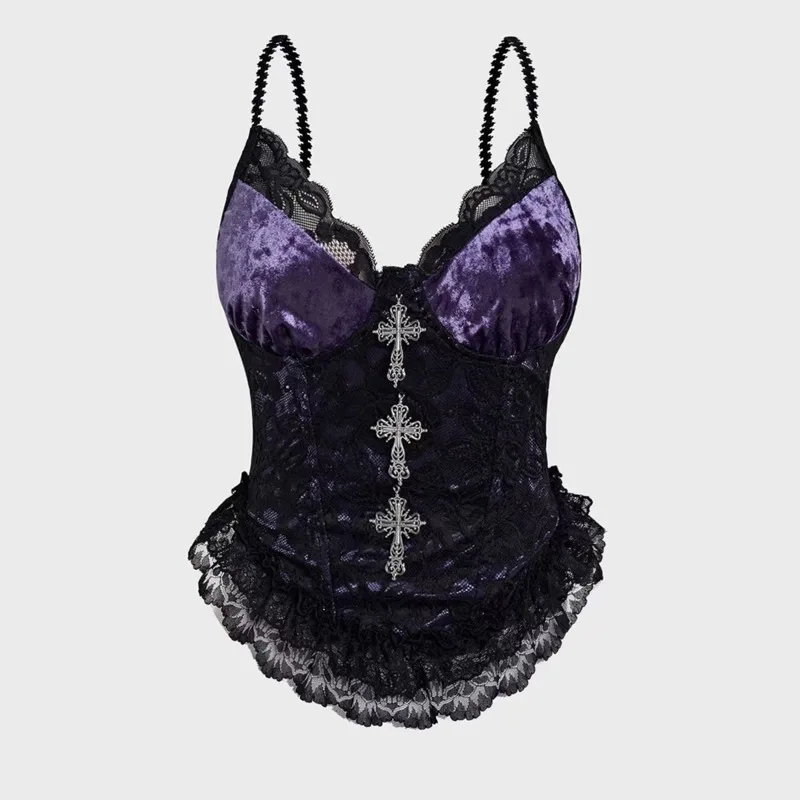 

New Gothic Lace Corset Top Sexy Purple Velvet Tank Top Women Sleeveless Ruffle Y2K Camisole Clubwear Aesthetic Grunge Style 2025