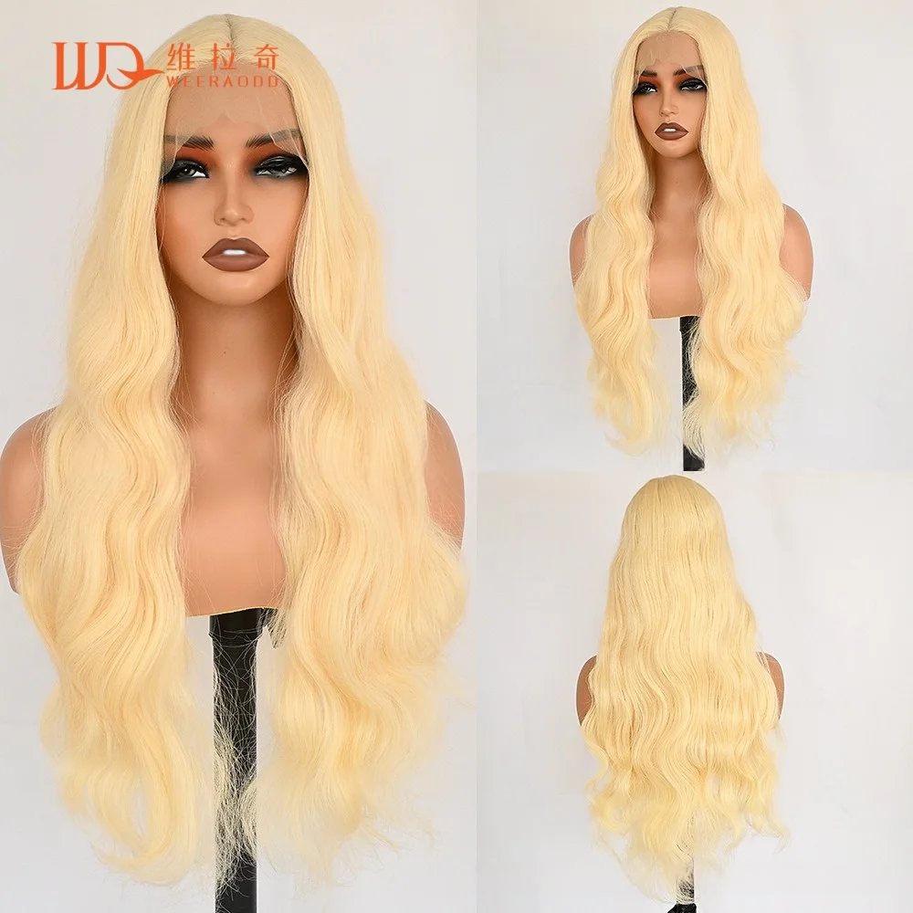 

28 Inch Body Wave 613 Blonde Lace Front Wig for Women Glueless Heat Resistant Synthetic T Part Wig 150% Density Platinum Blonde