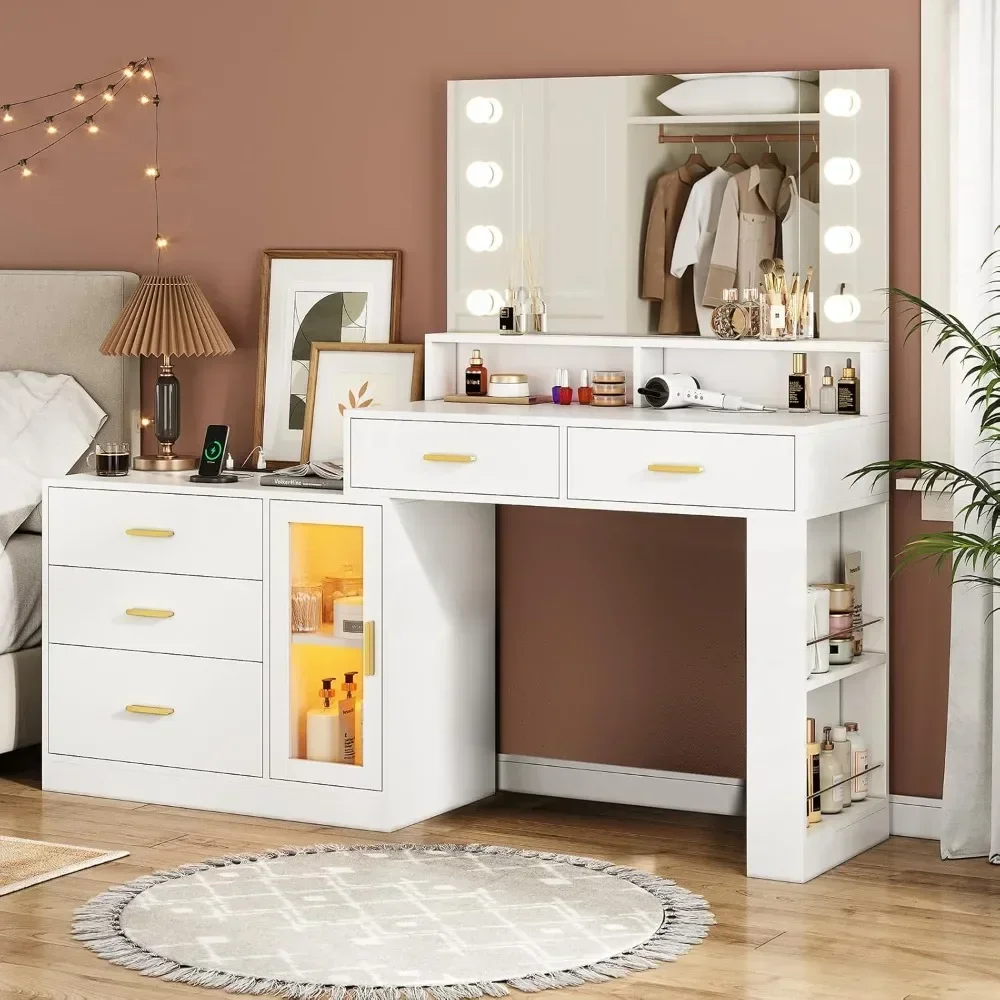 Makeup Vanity Desk w/ Mirror, Lights, Charging, 3 Drawers & LED, 3 Lighting Modes, 5 Drawers + Cabinet