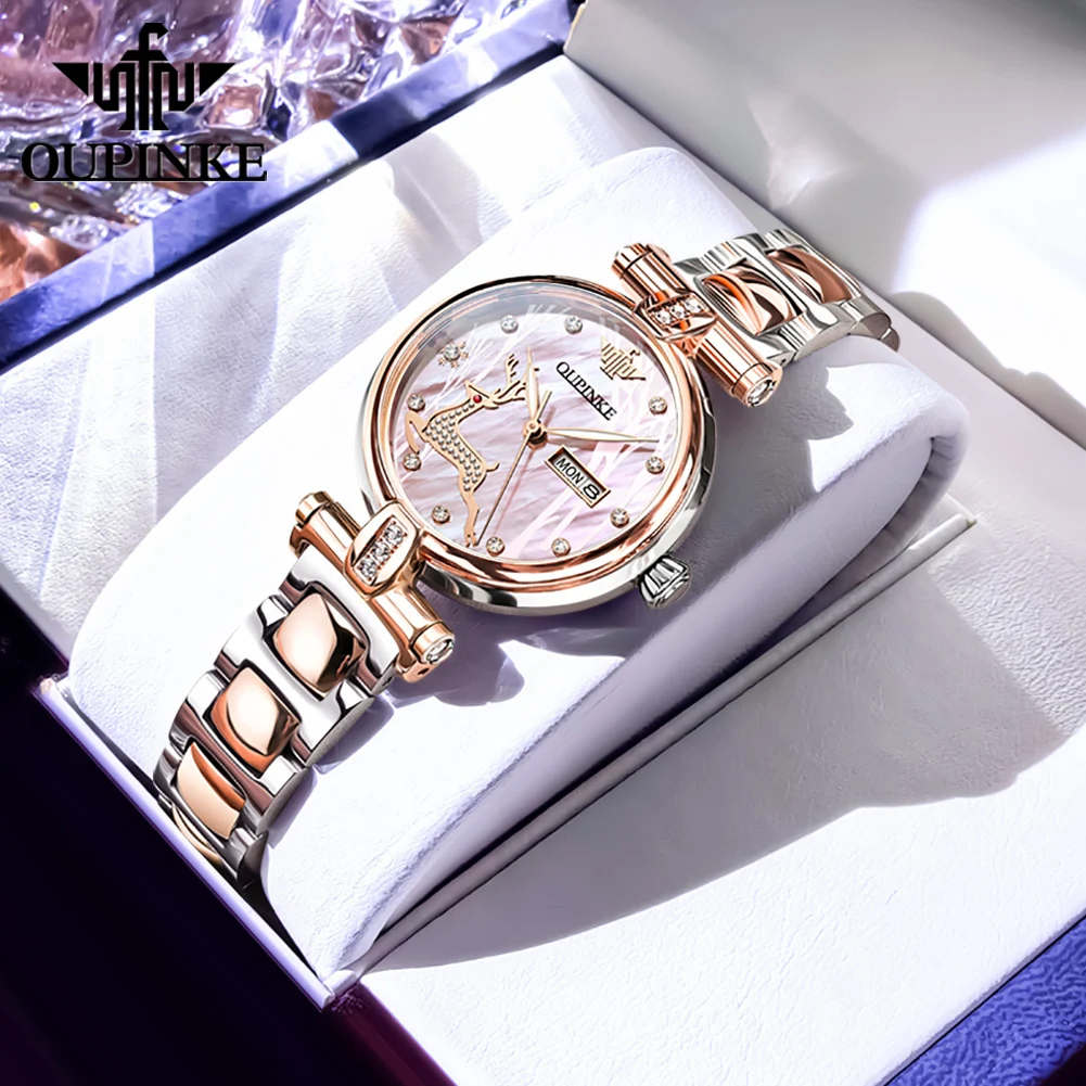 OUPINKE 3180 Orologio da donna di lusso Orologio meccanico automatico con zaffiro Quadrante in cervo Orologio da giorno con data in acciaio inossidabile per donna Reloj
