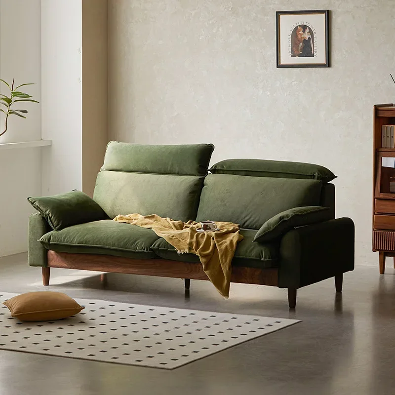 Nordic fabric sofa living room straight row three-person high backrest removable and washable black walnut solid wood retro