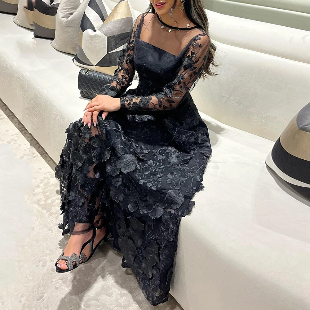 Popular Black Prom Dress Saudi Evening Dresses 2024 Scoop Neck Long Sleeves Flower Lace A Line Ankle Length Party Gown Weddings