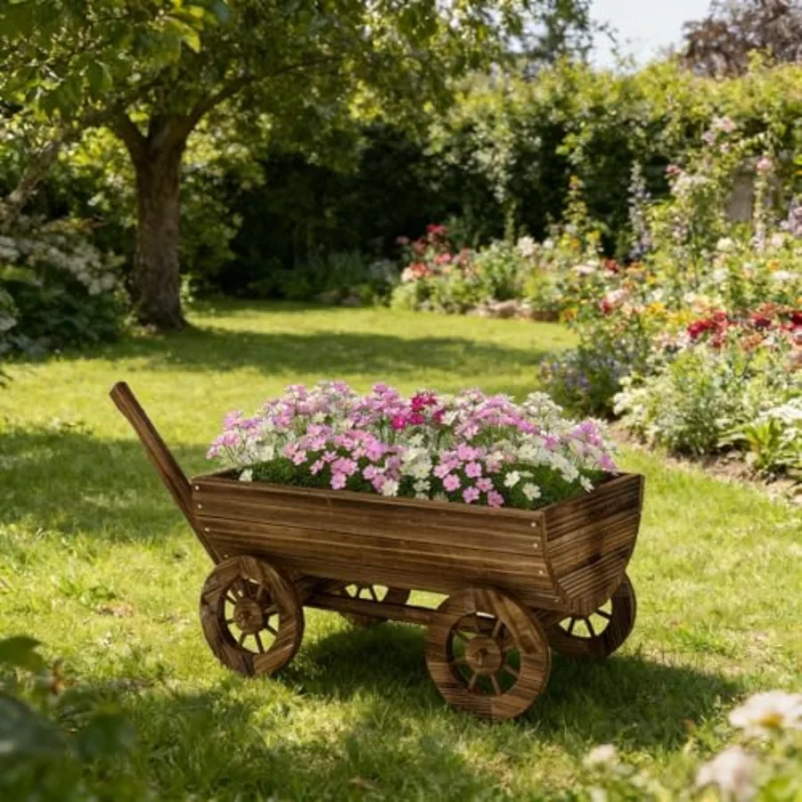 Small Wheelbarrow Wagon Flower Cart for outdoor gardening, wooden construction, natural wood color, lightweight and maneuverabl