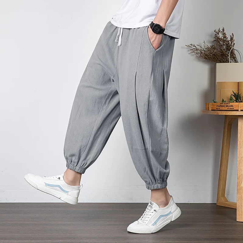 

Trendy Japan Style Men's Casual Loose Pants Oversized Ankle-Length Cotton Linen Harem Pants Elastic Waist Solid Cropped Pants