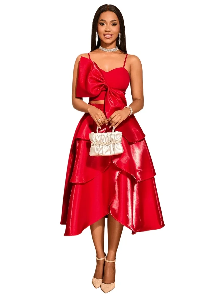 

Red Dress Sets Off Shoulder Design with Large Bow Layered Ruffle Hem Asymmetric Silhouette Perfect for Galas Special Occasions