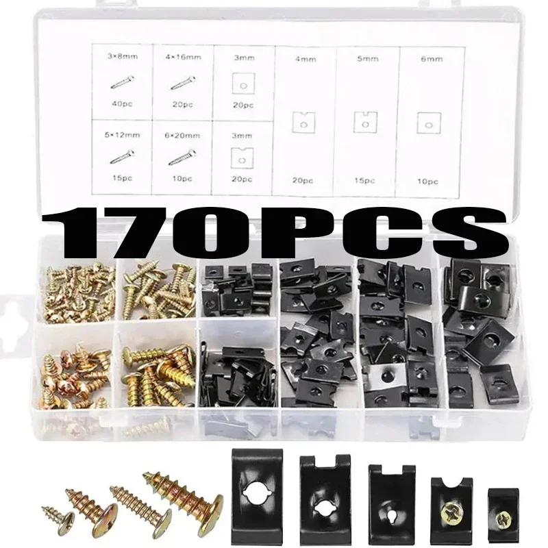 

170pcs U Metal Nuts Clips U-shape Clip Car Fender Bumper Cross Head Screws with Fasteners Self Tapping Screws Parts Assortment