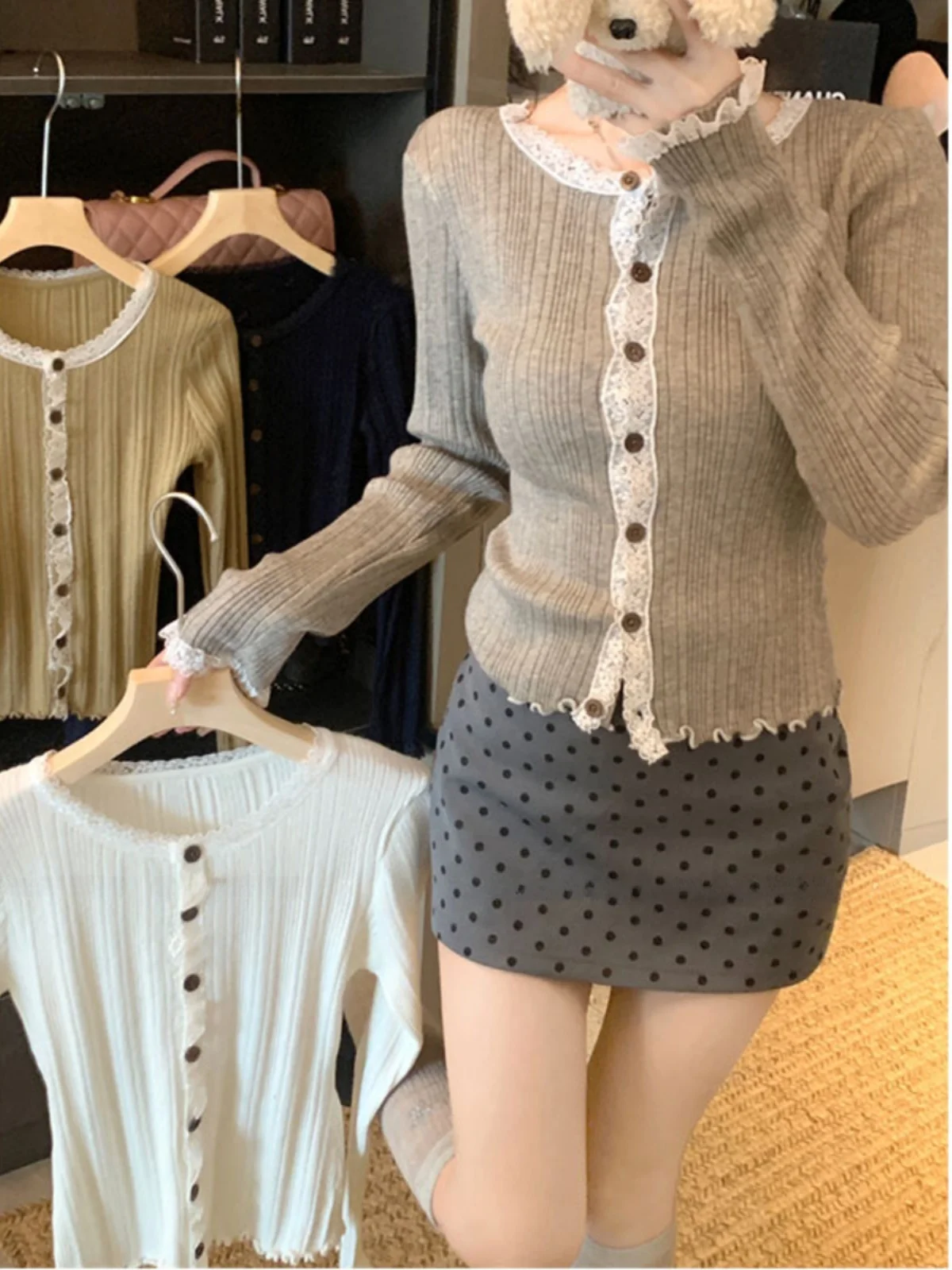 

Ele Lace Trim Long Sve Knitted Open Cardigan Women Early Autumn Sweet Inner Wear Slim Fit Wood Ear ort Top