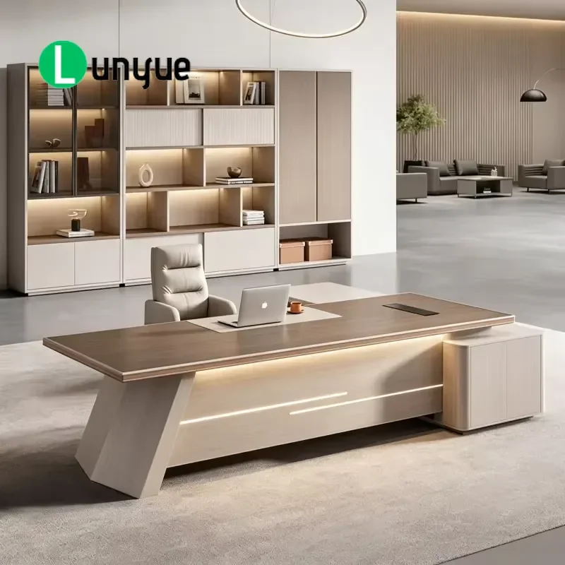 L Shaped Executive Desk Wooden Veneer Office Table with Side Lockers Large Storage Space for Manager Workstation