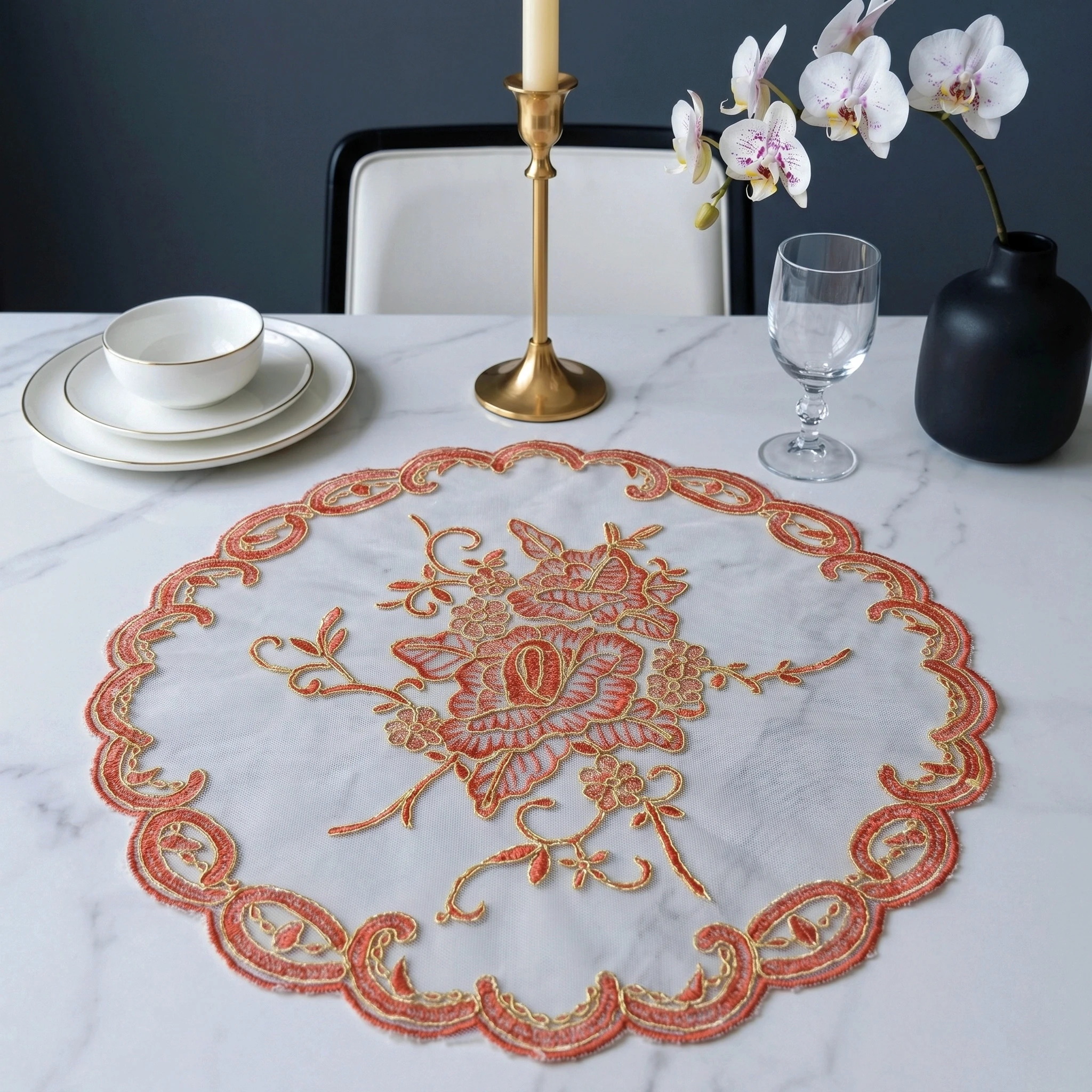 Red Lace Placemats Set Of 4 Elegant Round Dinner Coasters Durable Embroidered Red Table Mats Festive Wedding Dining Decor