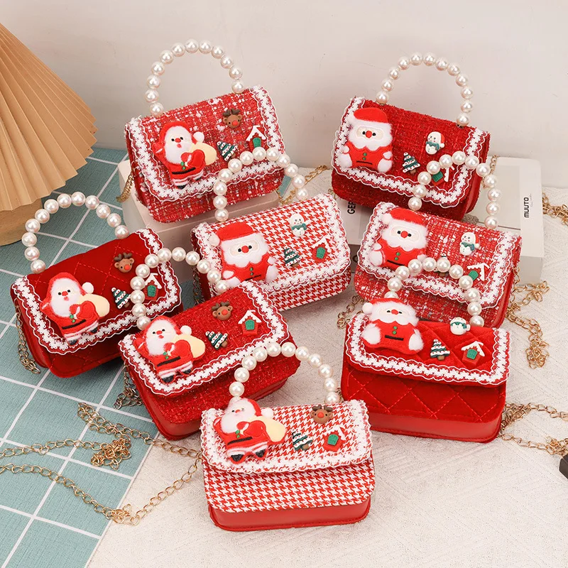 Cute Plaid Children's Small Square Crossbody Bags Santa Claus Pearl Handle Girls Handbags Baby Kids Coin Purse Christmas Gift