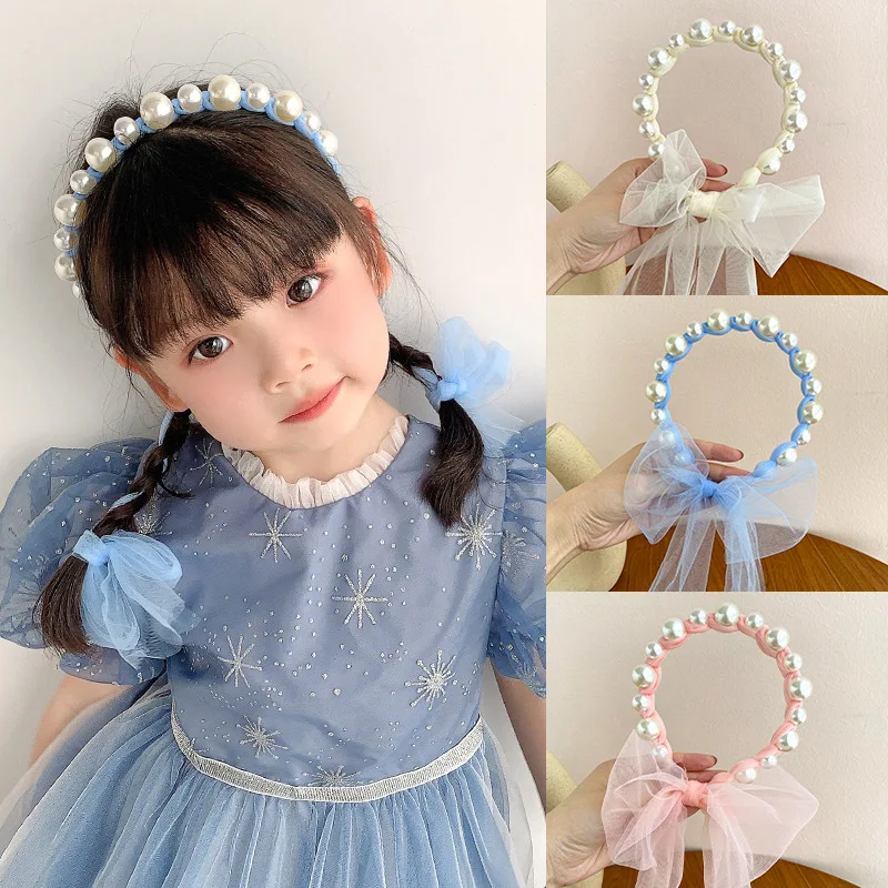 Children\'s Pearl Ribbon Hair Hoop Cute Girl Mesh Headband Sweet Bow Decoration Hair Accessory Party Performance Gifts