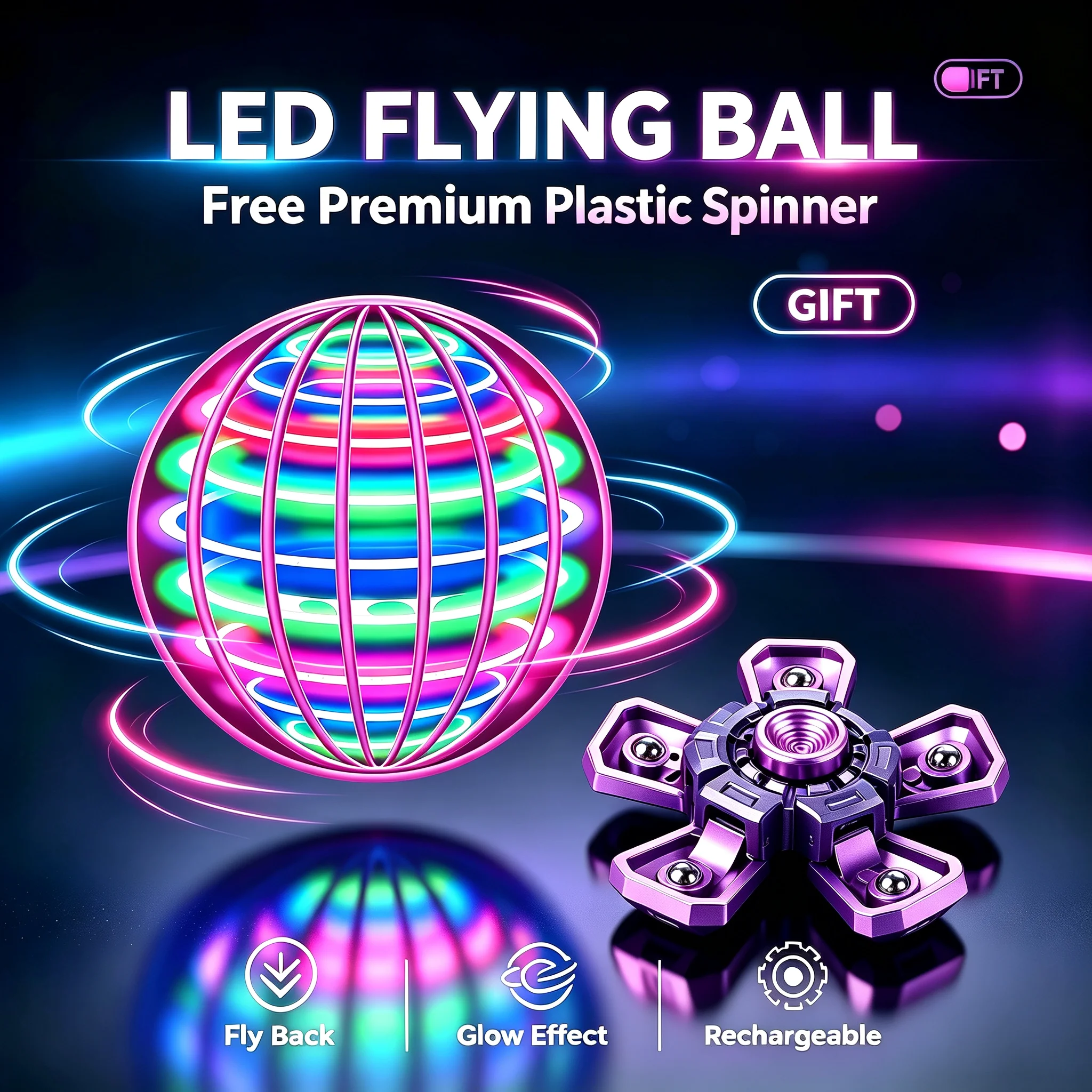 2-in-1 New Magic LED Boomerang Flying Ball Spinner Auto Return USB Rechargeable Night Glow Beach Party Toy Adults Teens Gift Fun