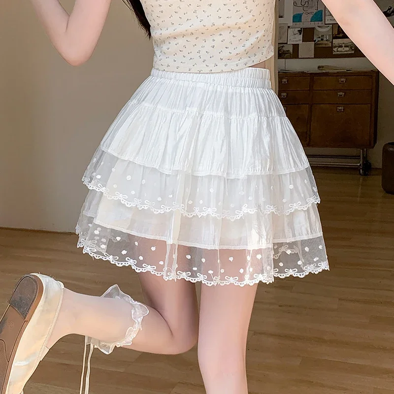 Women‘s Summer Balletcore Lace Tiered Skirt Elastic Waist A-Line Puffy Fluffy Layered Short Skirt with Lining Anti-exposure