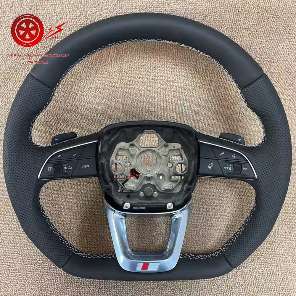 พวงมาลัยกีฬาแบบแบนพร้อมระบบทำความร้อน สำหรับรถยนต์ Audi Q3 A3 8Y หุ้มหนังแบบเจาะรูบางส่วน ลายเส้นสีขาว