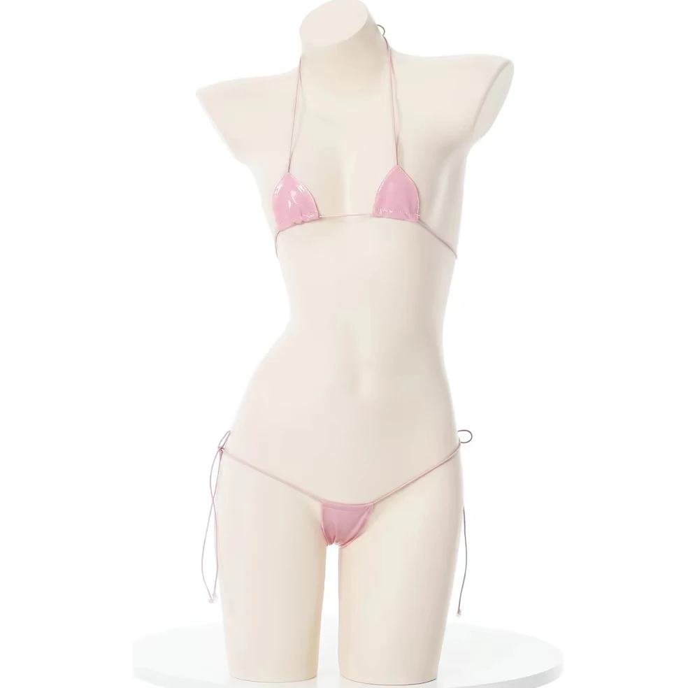 Sexy Micro Bikini Leather Lace Up PU Underwear Lingerie Swimsuit Low Waist Bikinis Sets Beach Swimwear