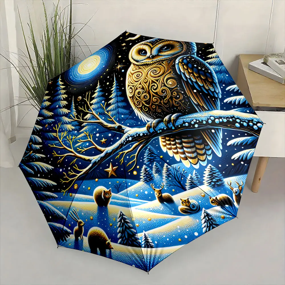 Enchanting Owl in Moonlit Winter Forest Scene Compact Fashion Folding Umbrella for Daily Use, Christmas Gift
