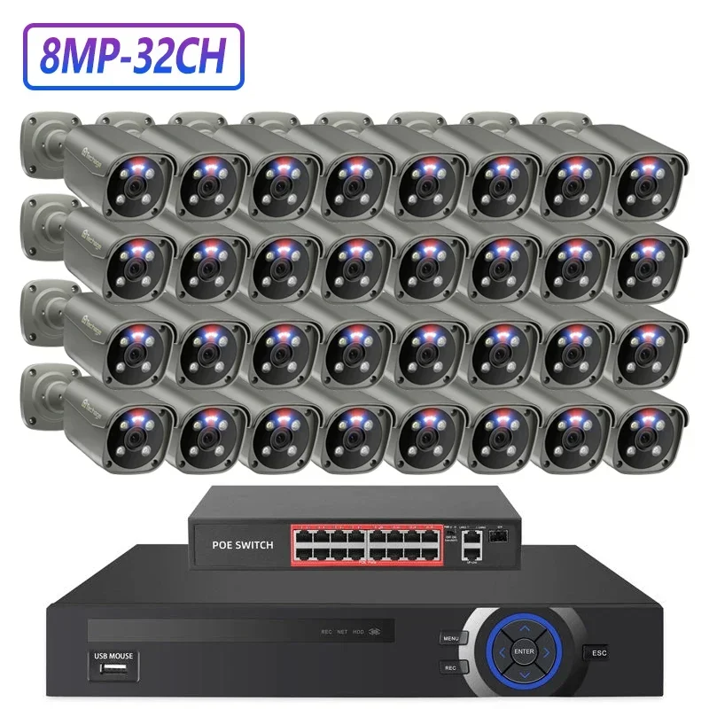 

2022 Poe 16Ch 32 Channel Ip Camera System Red-Blue Light Alarm Poe P2P Video Surveillance System Kit