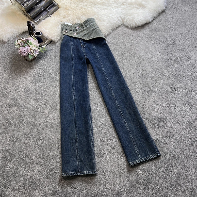 

Fashion Top-quality Stretch Patchwork Contrast Color Jeans Women's High Waist Wide Leg Denim Pants Female 2023 Autumn