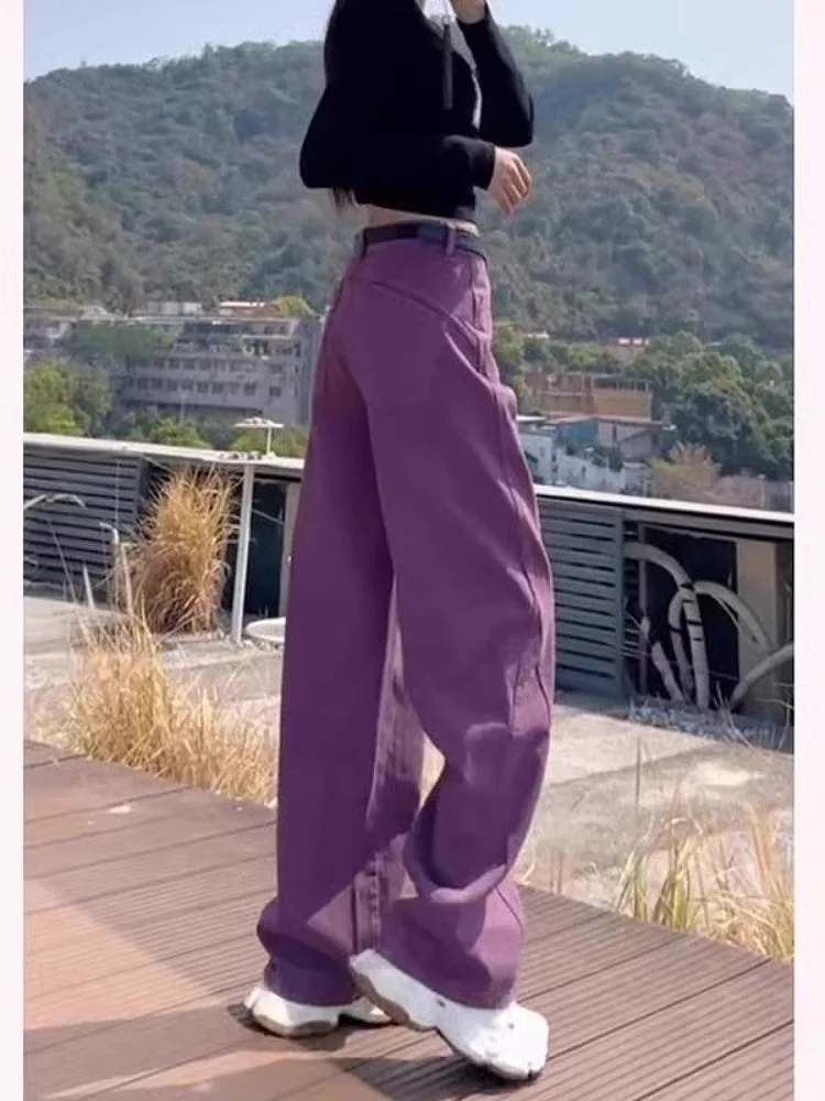 Cintura alta solta ajuste jeans feminino bell bot primavera 2025 novo sle faca americana longo roxo calças de perna larga