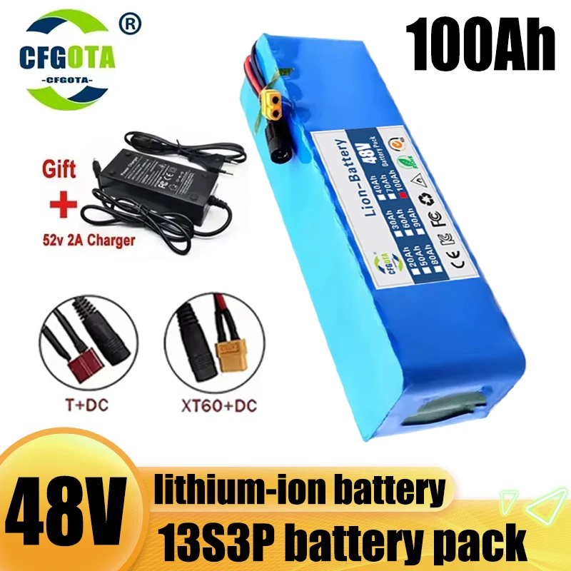 48V 100Ah 500W 750W 1000W 2000W 13S3P XT60+DC T+DC lithium-ion battery pack, used for 48V motors, with BMS+54.6V charger