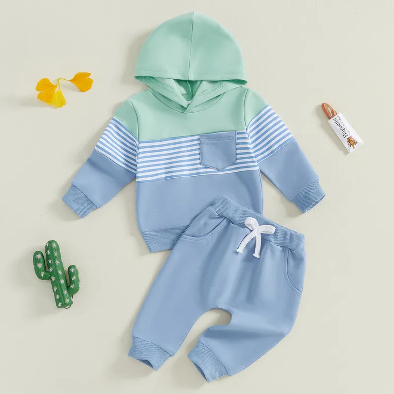 0 to 3 Years Baby Boy 2PCS Pant Sets Spring Autumn Clothes Long Sleeve Striped Hoodie Solid Color Drawstring Pants Sets