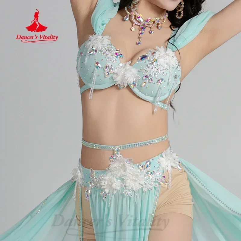 BellyDance-kostuumset voor dames Luxe strass-bh + sexy split-lange rok 2 stuks Oosterse buikdansprestatie-outfit