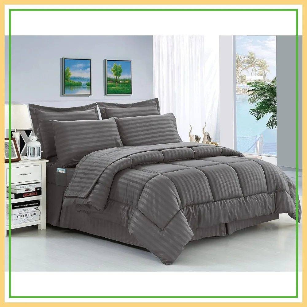 

Silky Soft Dobby Stripe Bed-in-a-Bag 8-Piece Comforter Set - Full/Queen, Gray