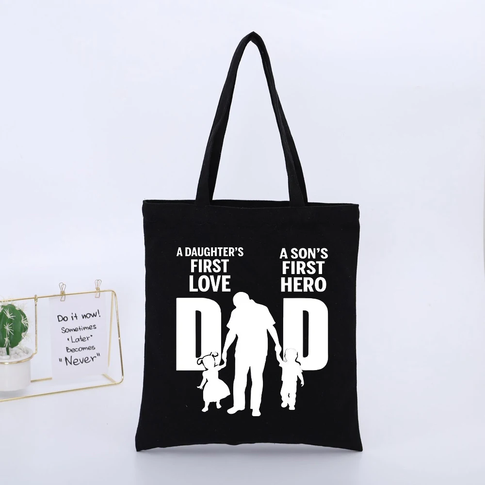 Dad's Casual Black Canvas Tote Bag with Family Silhouette and Typography Print, Ideal for Daily Shopping and Casual Outings