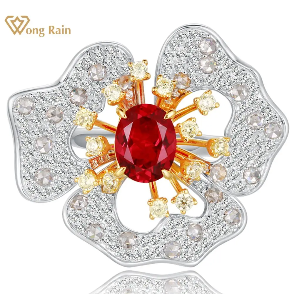 Wong Rain 18K Gold Plated 925 Sterling Silver 2 CT Ruby Simulated Moissanite Gemstone Wedding Cocktail Flower Ring Fine Jewelry