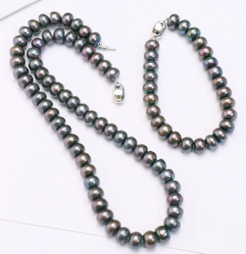 

10-12mm Black Peacock Near Round Pearl Necklace 17" Bracelet 7.5" Earring Women Jewelry Wedding Party Gift 925 Sterling Silver