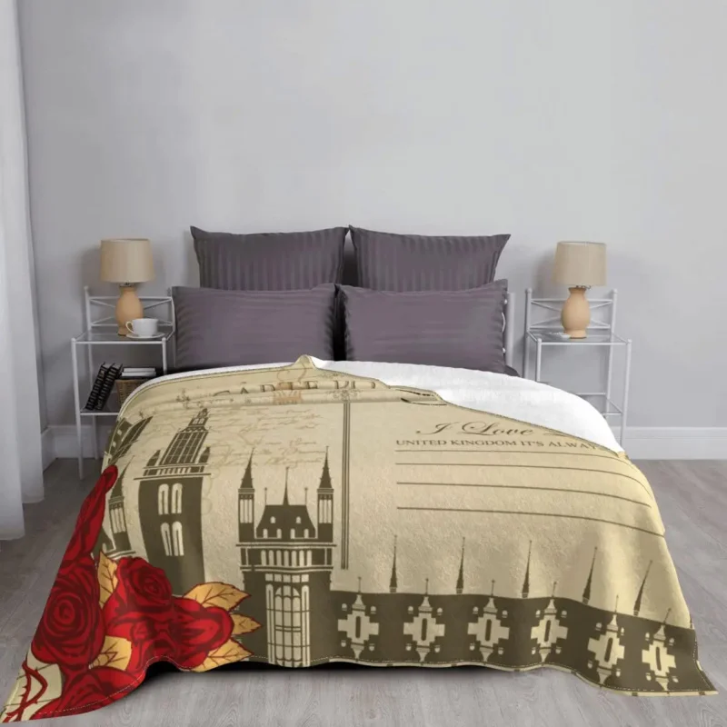 

Romantic Retro Postcard Big Ben London Uk Knitted Blankets Flannel Super Warm Throw Blanket for Airplane Travel Bedspread