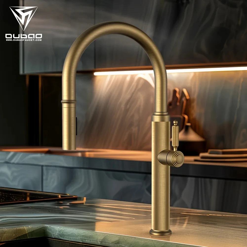 

Modern high-quality single handle brushed gold stainless steel kitchen sink faucet spray cold and hot water