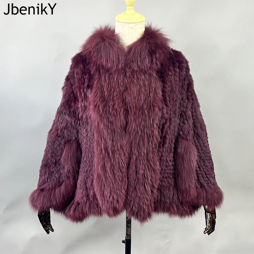 Luxury Ladies Autumn Winter Genuine Knitted Rabbit Fur Shawls Fox Fur Collar Women Fur Pashmina Wraps Bridal Cape Coat Jacket