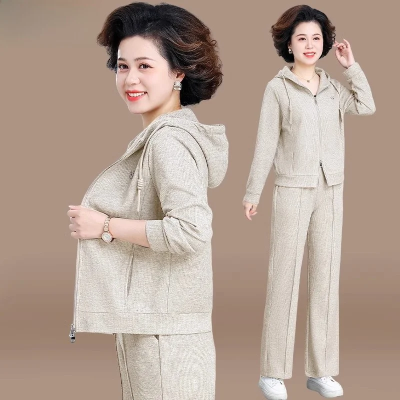 

Chic Two-Piece Sportswear Set for Middle-Aged Mothers Autumn Faion Outerwear Casual Loose Sle Long Pants Zipper Closure
