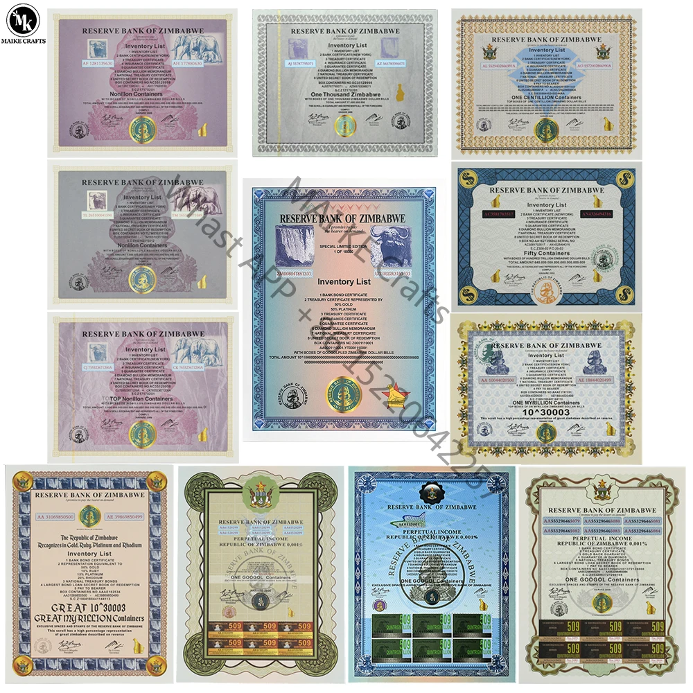 12 Pcs/set Zimbabwe Banknote Large Certificate Paper Reel with UV Serial Number Collection Business Gifts