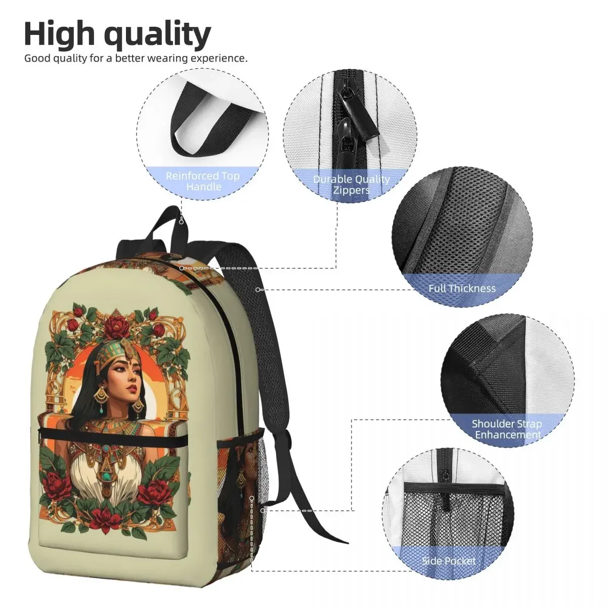 Cleopatra Vibrant Egyptian Woman Backpack Daypack Large Capacity Children BookBag School Bag Shoulder Bags for Men Women