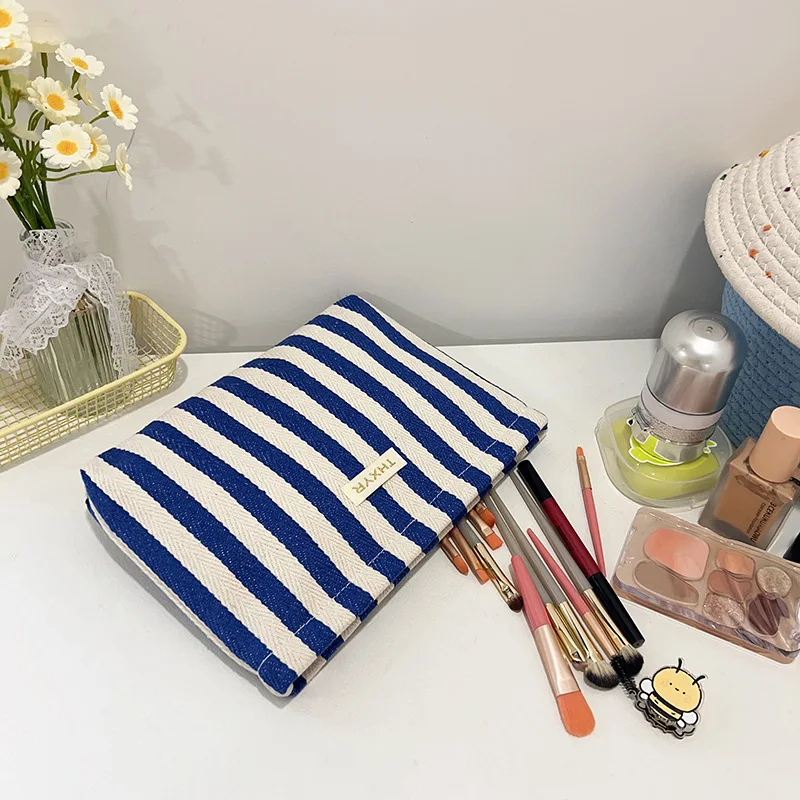 New Striped Makeup Bag for Women, Portable Travel Toiletry Pouch, Multi-Functional Storage for Skincare Sanitary Pads & Coins