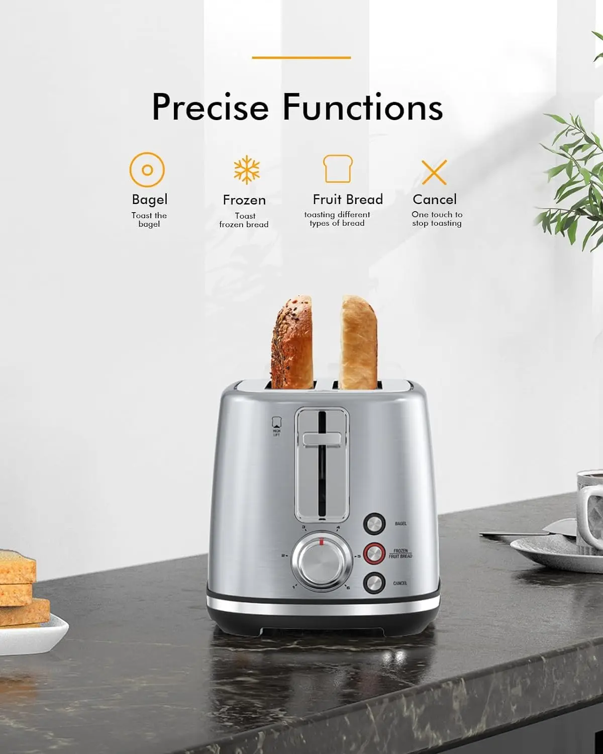 2-Scheiben-Toaster, breite Schlitze, automatische Abschaltung, 6-Schatten-Zifferblatt. Perfekt für Obstbrot, Bagels, Waffeln, gefrorene Optionen, leicht zu reinigen