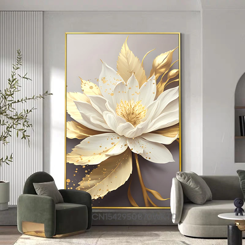 Gold Leaf White Blooming Flowers Poster Decorative Paintings Canvas Wall Pictures Living Room Modern Bedroom Home Decor Interior