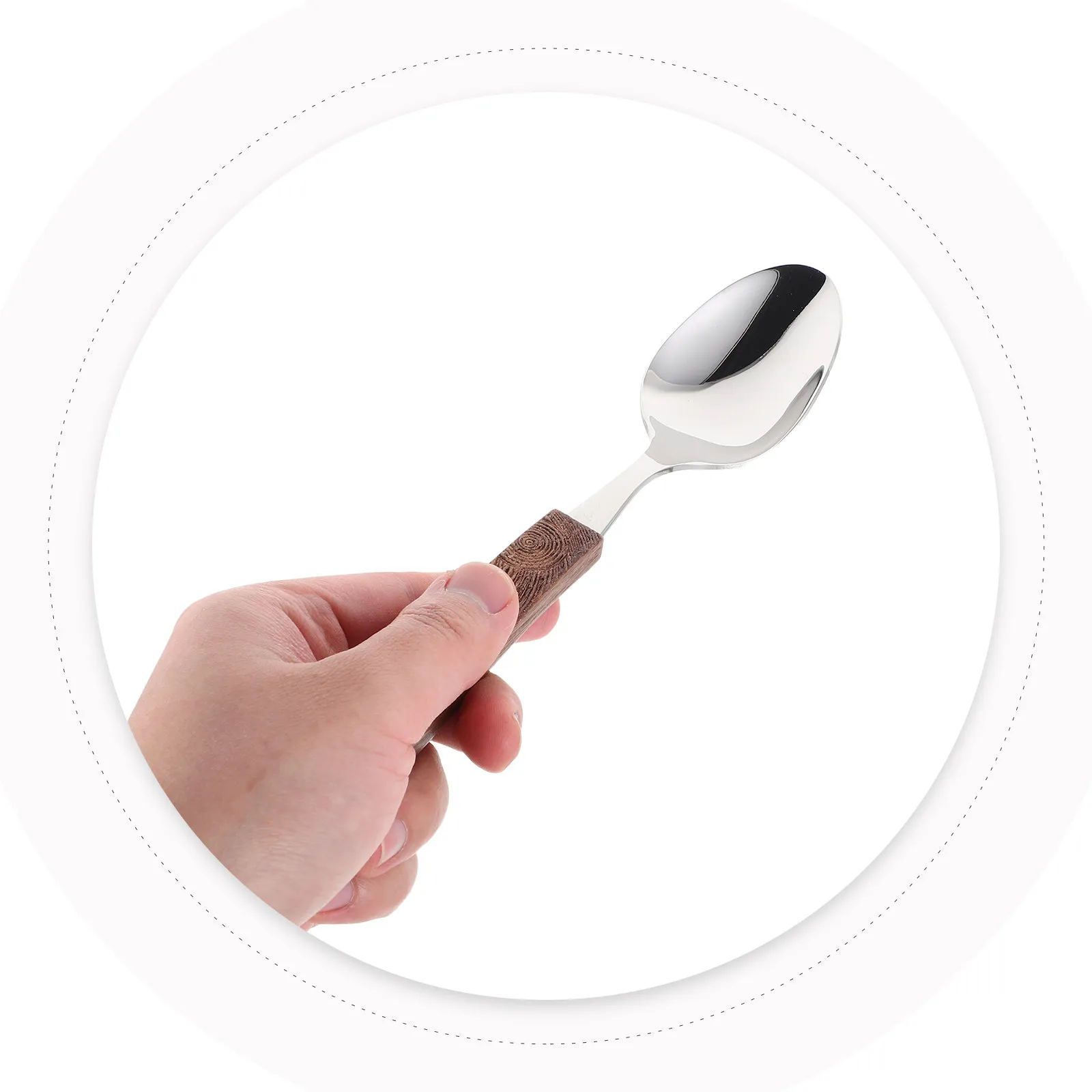 Stainless Steel Serving Spoon Wood Handle Carved Design Comfortable Grip Dinner Utensil Multi-Purpose Kitchen Supplies Home