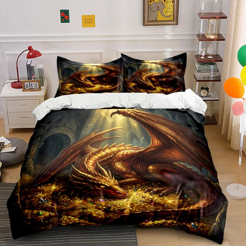 Dragon guarding treasure cave Printed Duvet Cover Set 1 Duvet Cover+2 Pillowcase Multi Size Bedroom Bedding Decoration