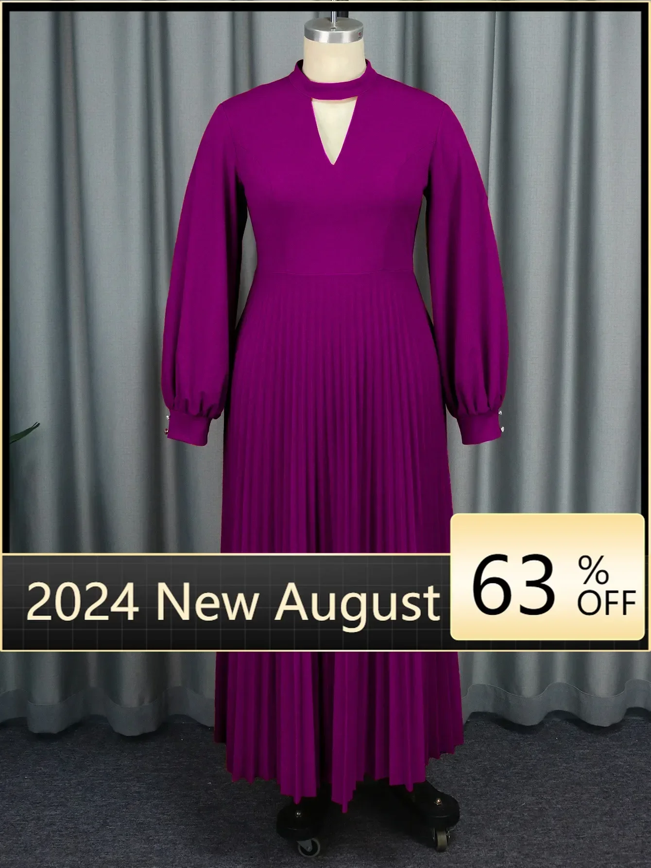 

Purple Muslim Robe Round Neck Hollow Pleated Long Skirt Loose Casual Long Sleeves Plus Size Women's Fashion 2024