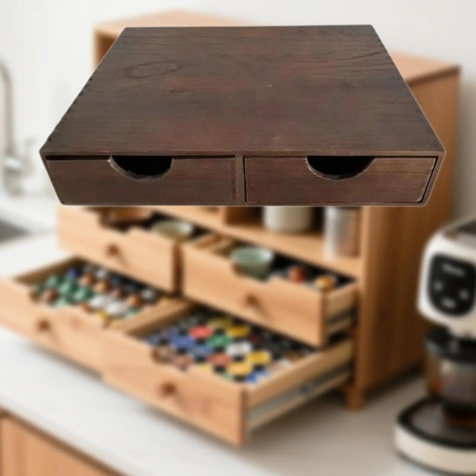 Tea Storage Organizer with Drawer Wood Coffee Pod Holder Coffee Station Organizer for Cupboard Storage Organizer Solutions