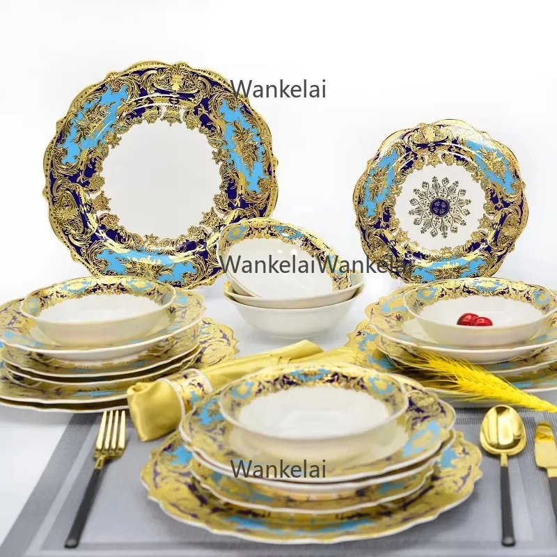 Quick Shipping Colorful Festival Golden China Flower Shape Special 24pcs Top Sale Plates and Bowls Set Dinnerware Sets