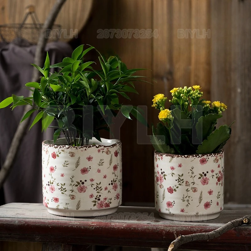 Retro Ceramic Flower Pot Indoor Home Decor Porous Breathable Flower Vase Pastoral Style Plants Potted Plants Tabletop Ornament