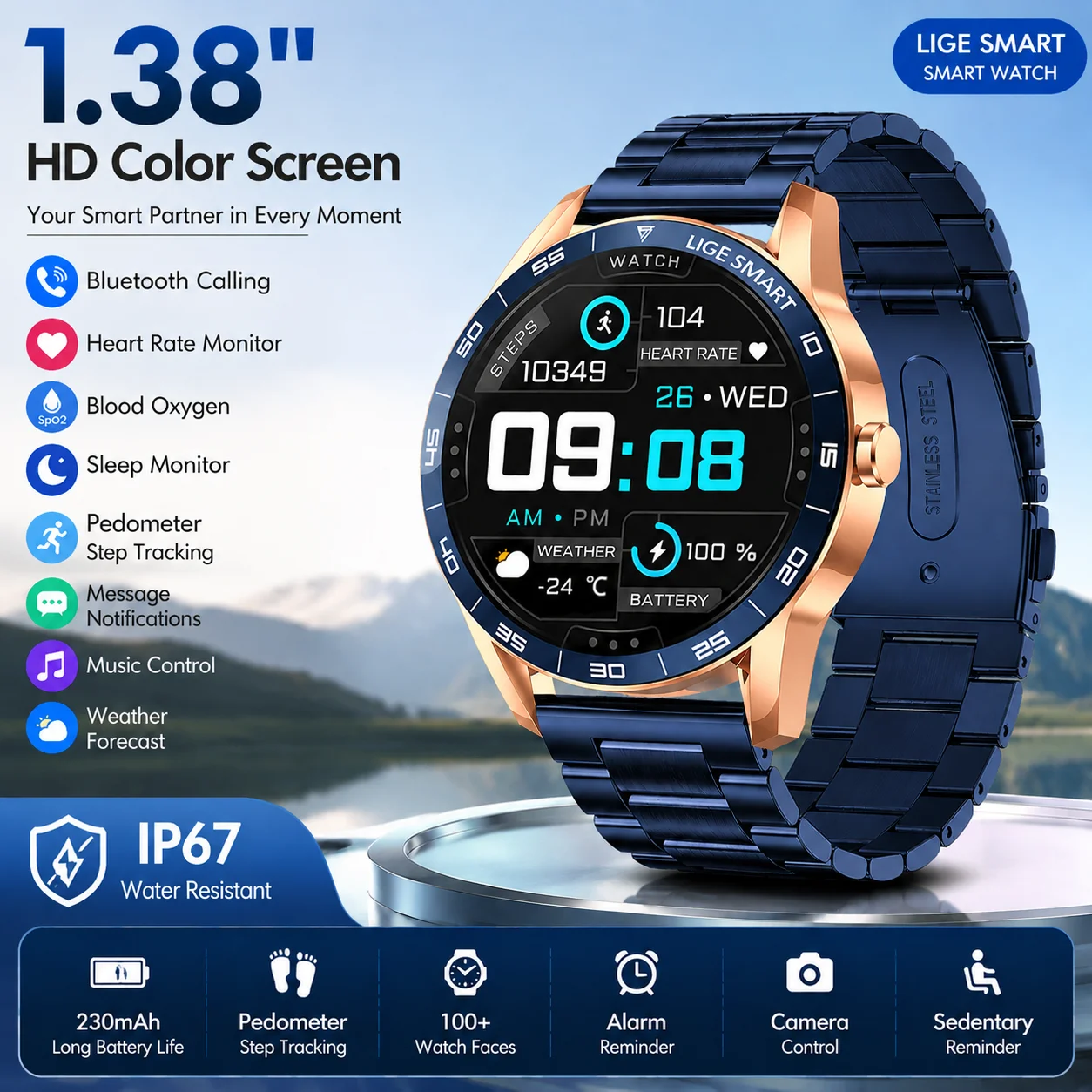 Smartwatch Watches Birthday Gift For Men - LIGE 2026 スマートウォッチ メンズ ブルートゥース通話 ヘルスモニター